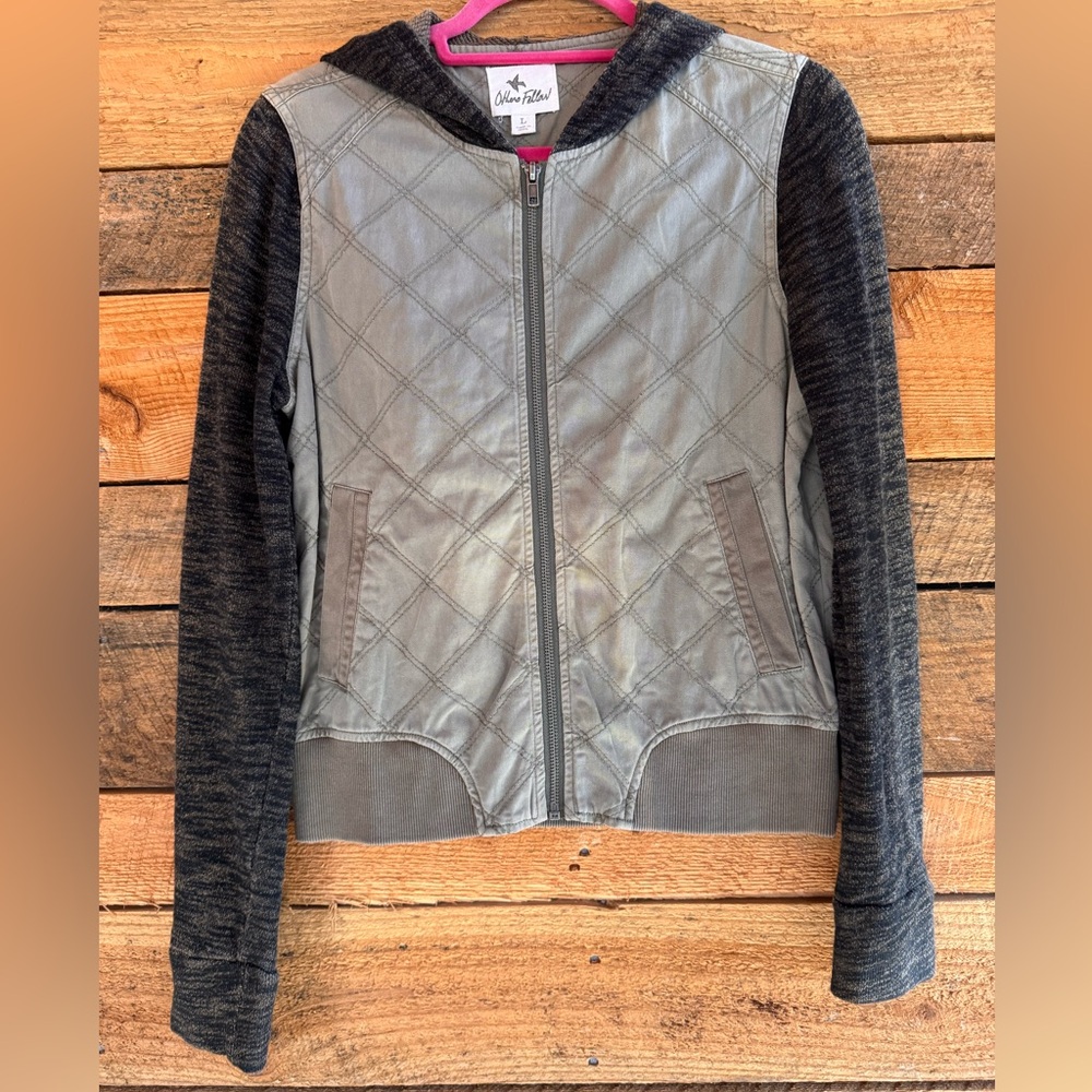 Others Follow Quilted Black & Olive Zip Hoodie Bomber Jacket Size L in GUC